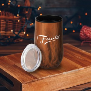 14 oz Wood Tone Economy Stainless Steel Stemless Wine With Plastic Liner